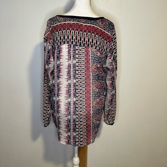 Lucky Brand cream, maroon & navy print long sleeve sheer top size L - Picture 4 of 10